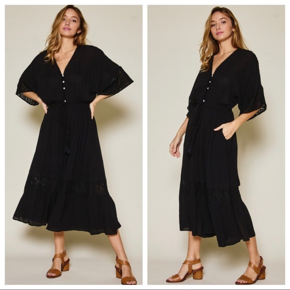 03 Most Fabulous Boho Hippie Chic Lace Trim Drop Sleeve Button Front Jumpsuit - Picture 3 of 5